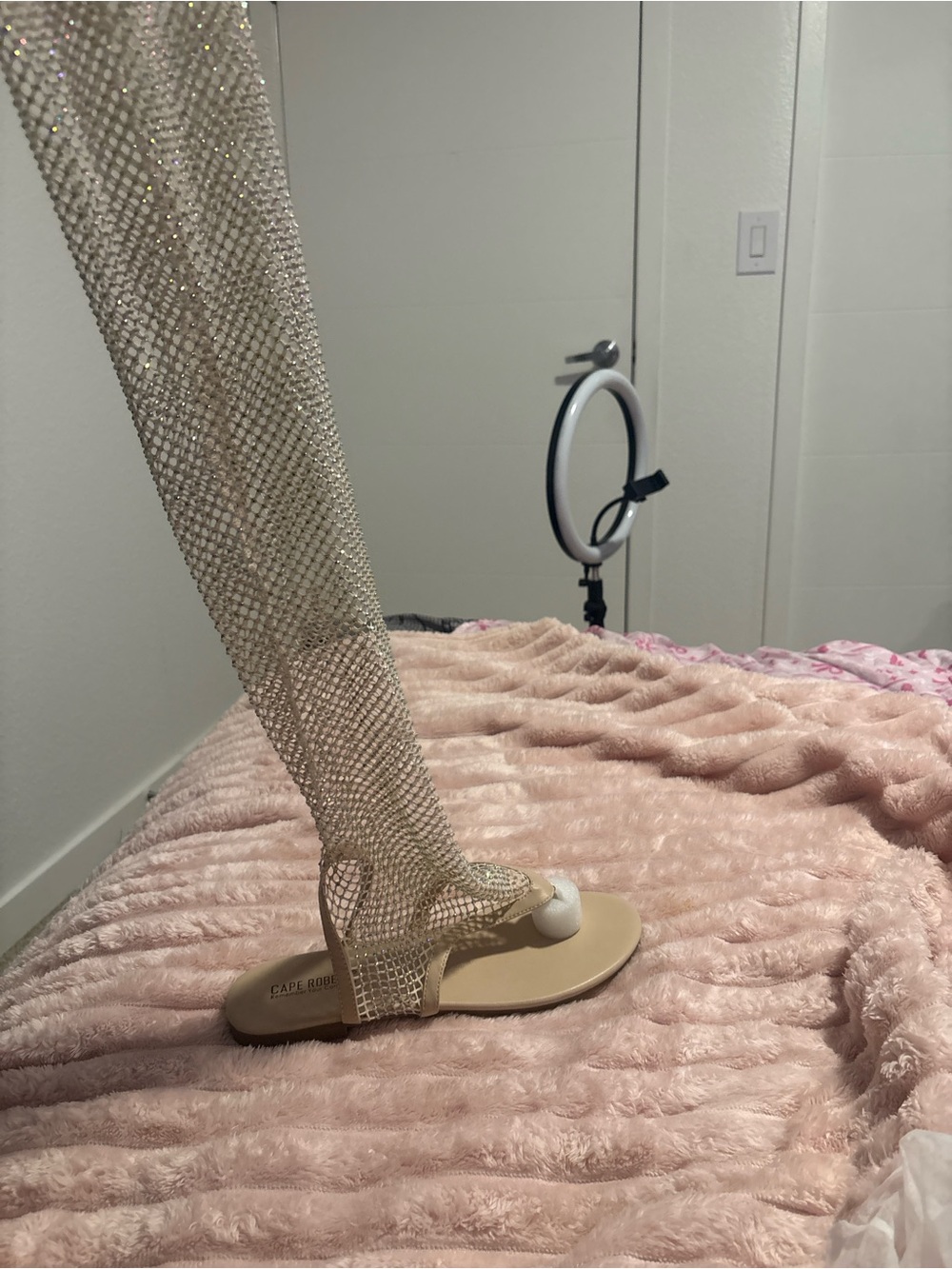 Beige Rhinestone Mesh Gladiator Sandals - Women